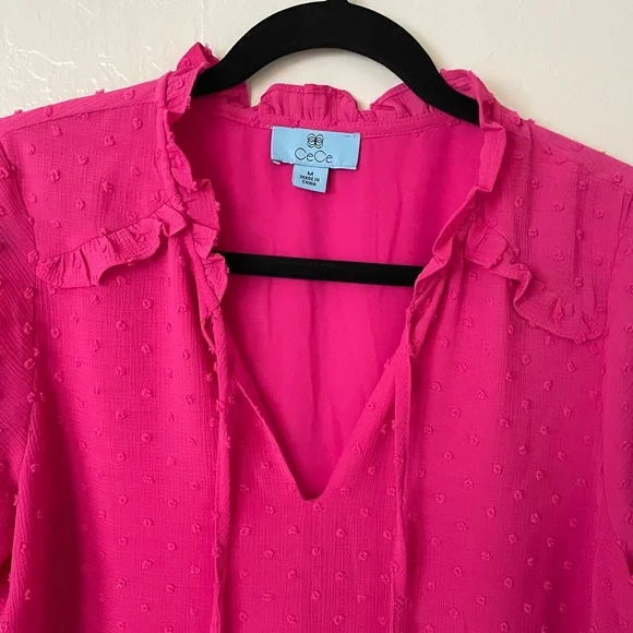 CeCe Hot Pink Swiss Dot Tie-Neck Ruffle Blouse - Picture 3 of 5